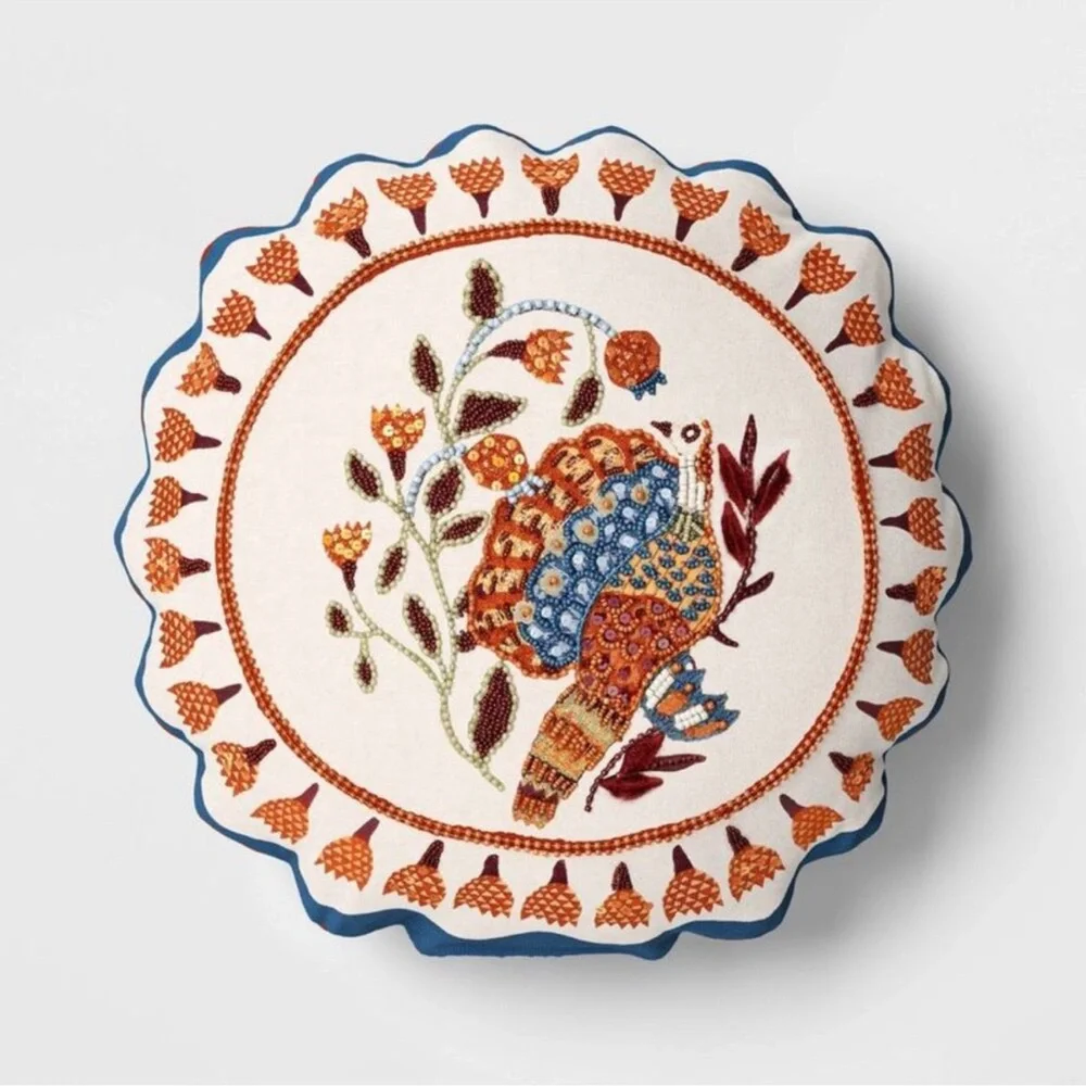 NEW Threshold 16” Round Beaded Turkey Pillow